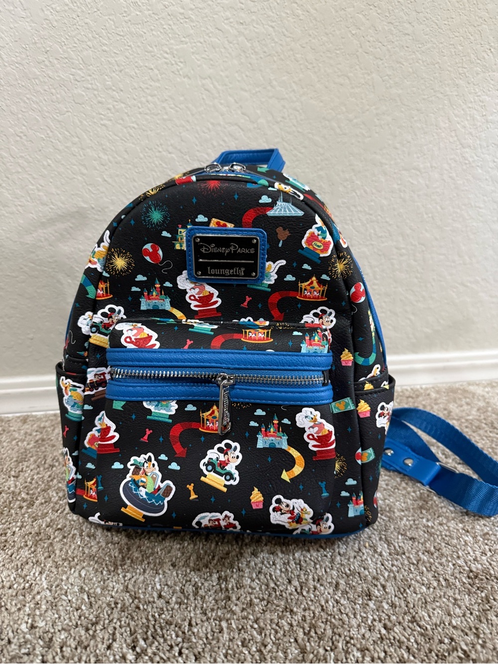 Disney Loungefly Black Mini Backpack with Multicolor Park Icons